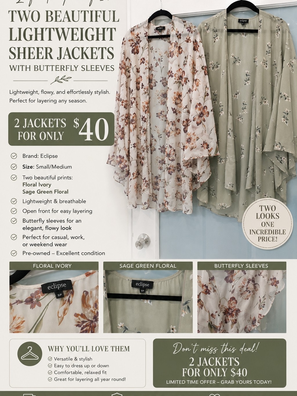 Eclipse Floral Ivory & Sage Green Sheer Jackets - 2 Pack